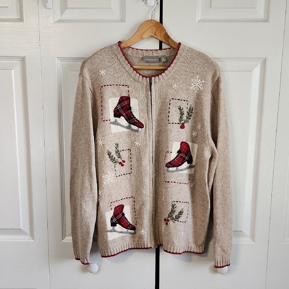 Croft & Barrow Womens Large Holiday Ice Skate Embroidered Zip Cardigan Sweater
